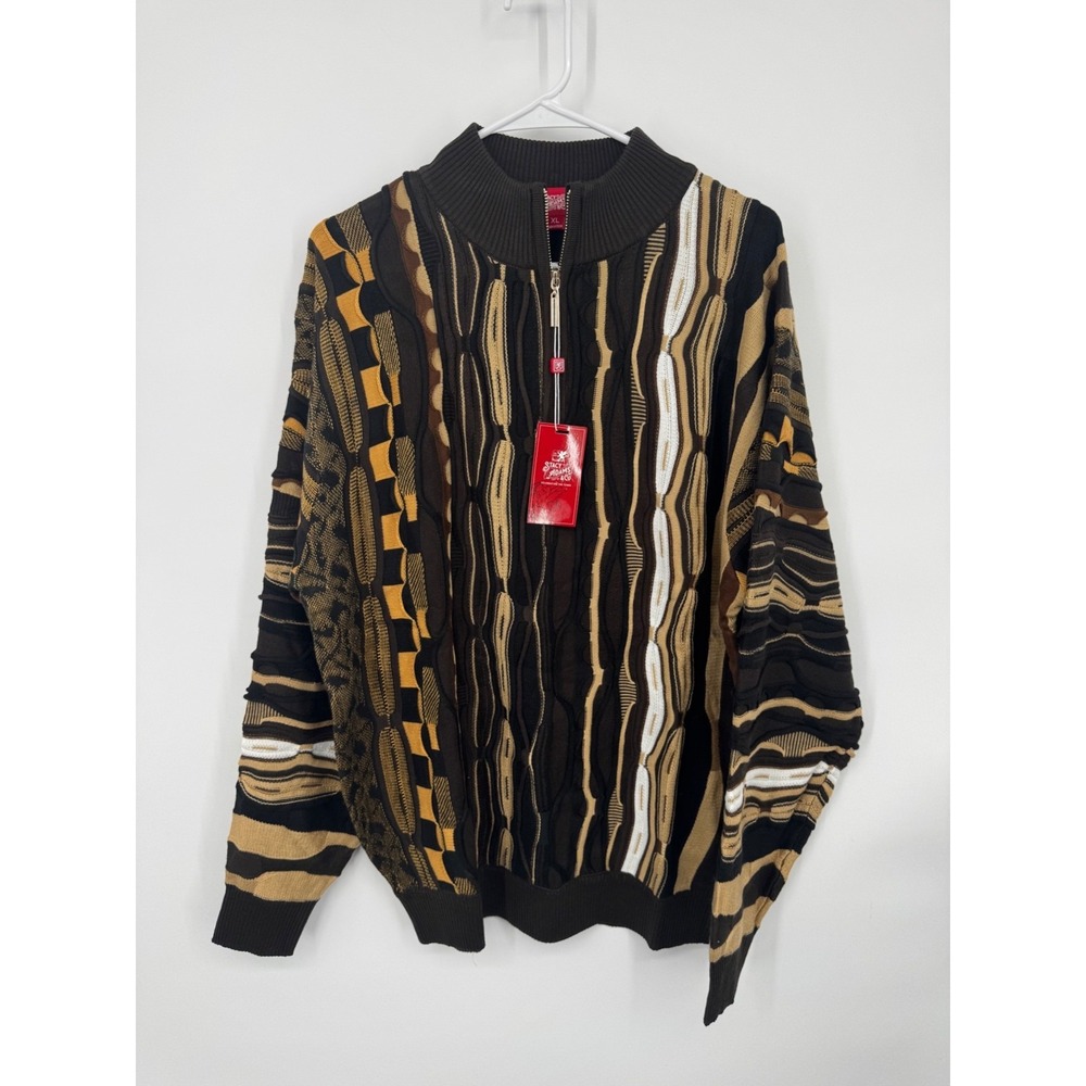 NWT Stacy Adams & Co Quarter-Zip Sweater Mens XL Brown Black Pattern Long Sleeve